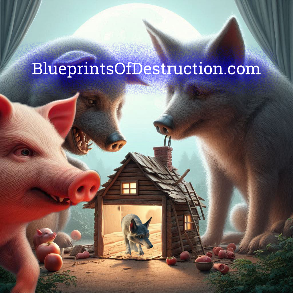 Three big bad pigs getting ready to huff and puff and blow the poor wolf's house down. Three big bad pigs getting ready to huff and puff and blow the poor wolf's house down.