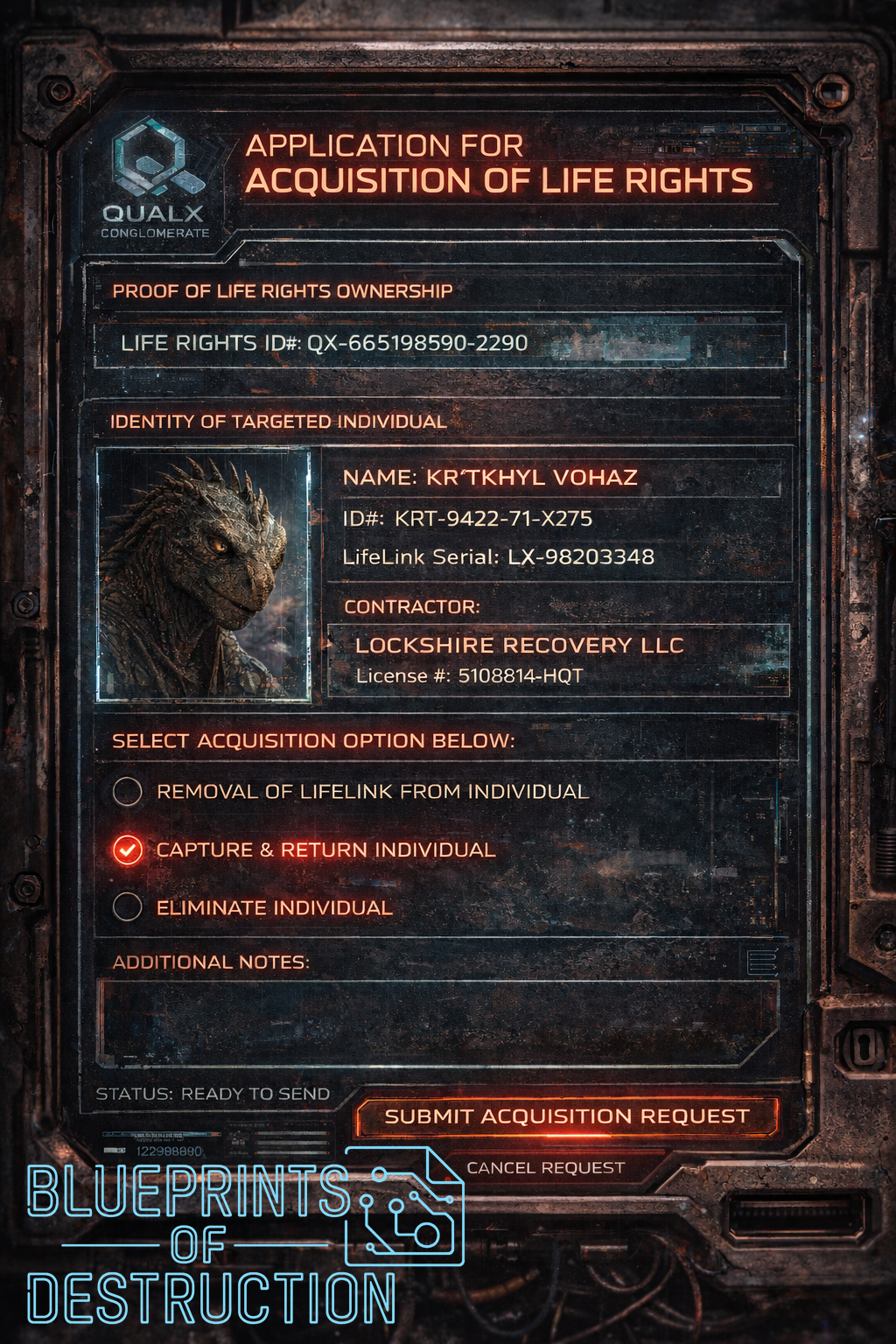 A slate showing a Life Rights Acquisition form