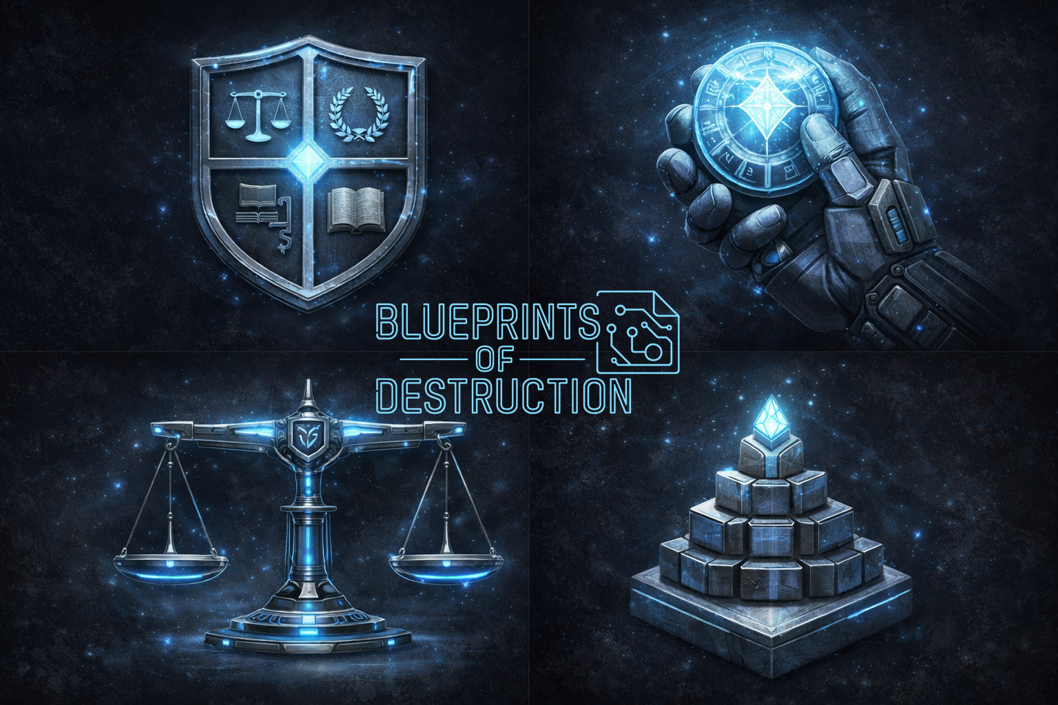 Image depicts a shield in the upper left hand corner, two hands holding a pendant in the upper right hand corner, scales in the lower left hand corner, and a tower with a diamond on top in the lower right hand corner