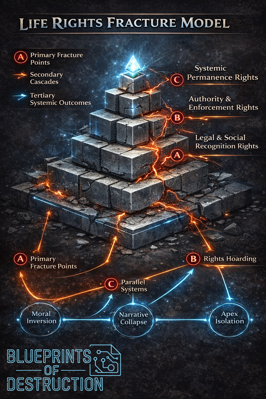 Image shows a pyramid style setup representing the different levels of Life Rights, and show where society is likely to fracture first in the world of Blueprints of Destruction