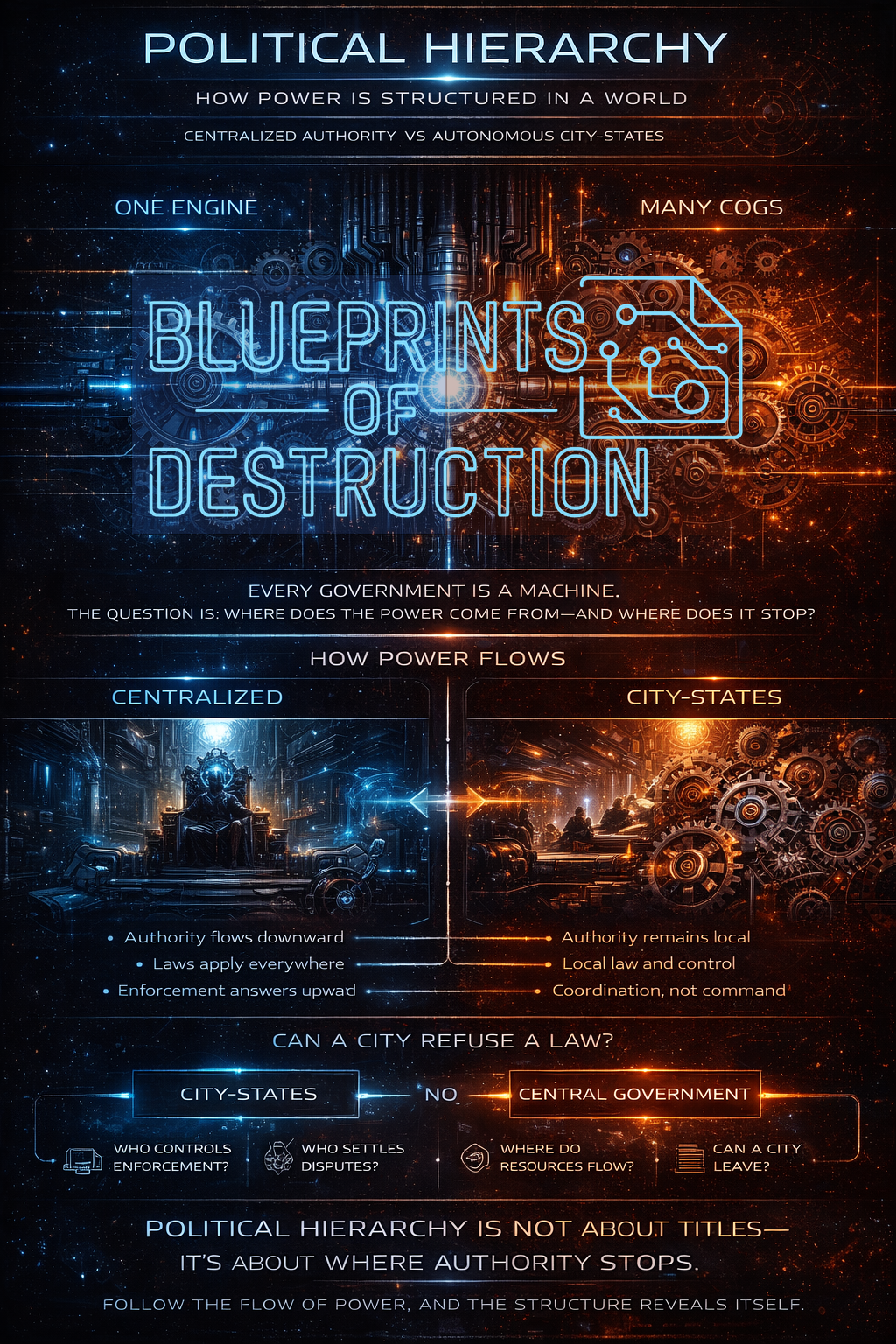 A diagram showing the differences between centralized government and city-states