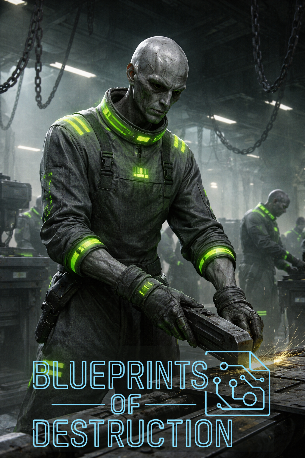 A being clad in grey with green accents completes hard labor in a manufacturing plant.