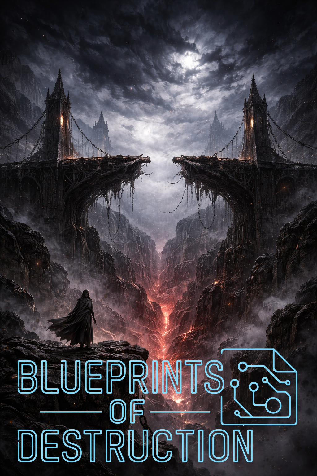 A gloomy bridge, separated in the middle by dilapidation, looms above a single cloaked individual standing below 