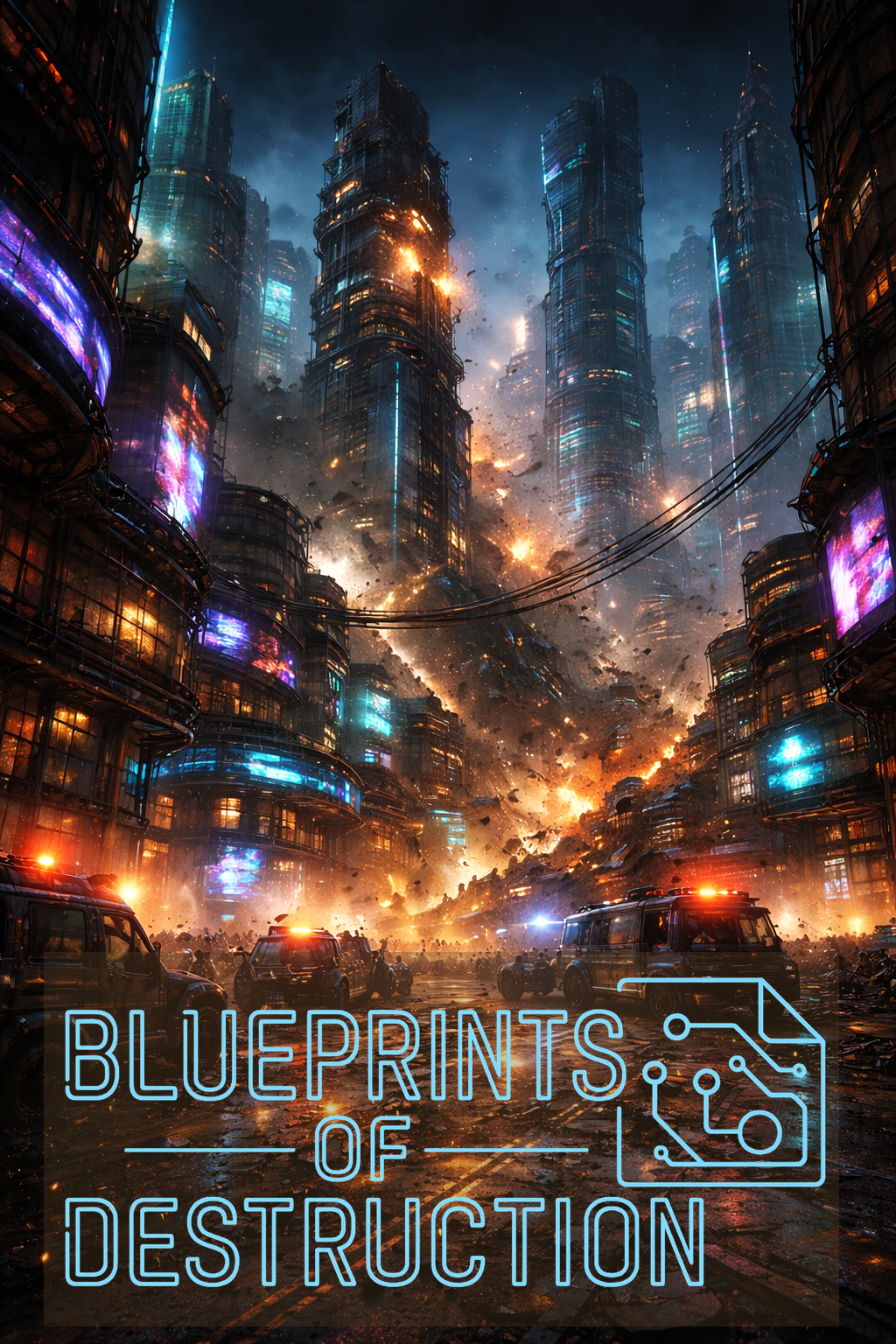 I large, brightly colored city shows signs of chaos and disintegration 