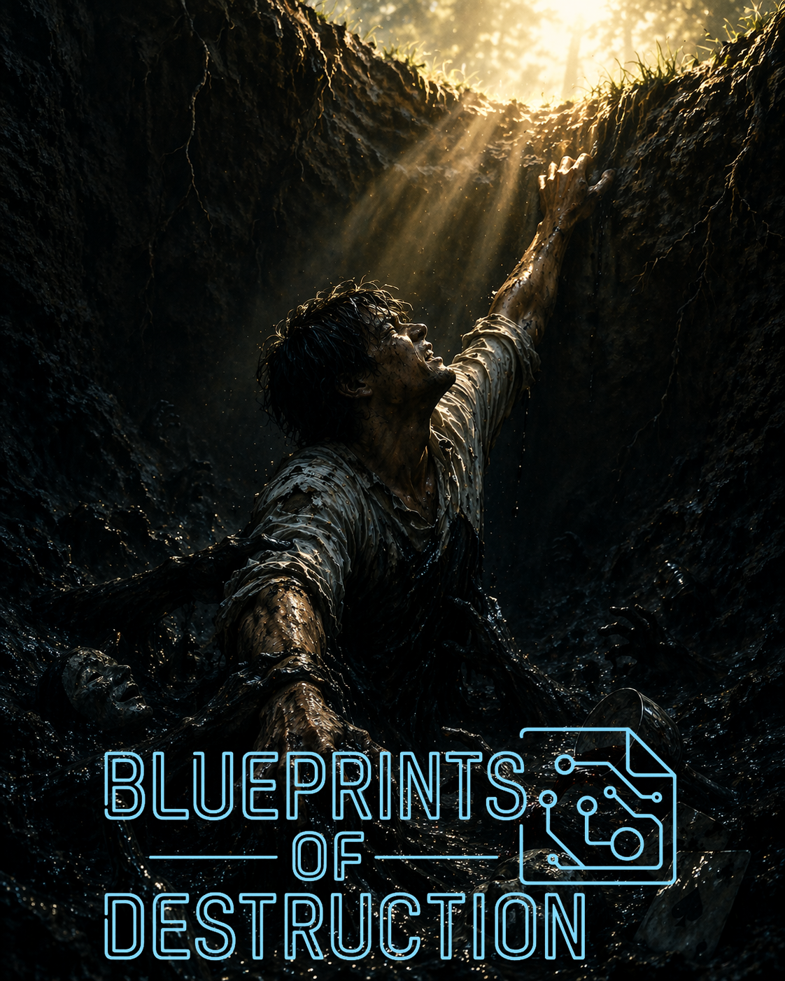 A man reaches up toward the light, but his weaknesses pull him down into the murky waters.