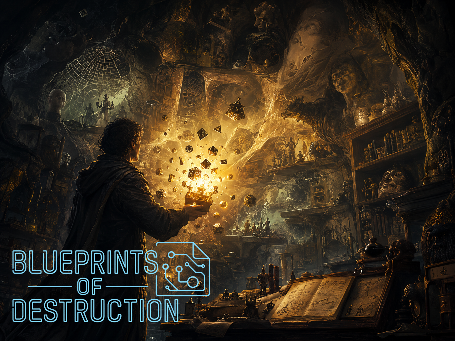A man in a cloak stands before a cavern full of storytelling elements. He holds an open container of dice. A man in a cloak stands before a cavern full of storytelling elements. He holds an open container of dice.