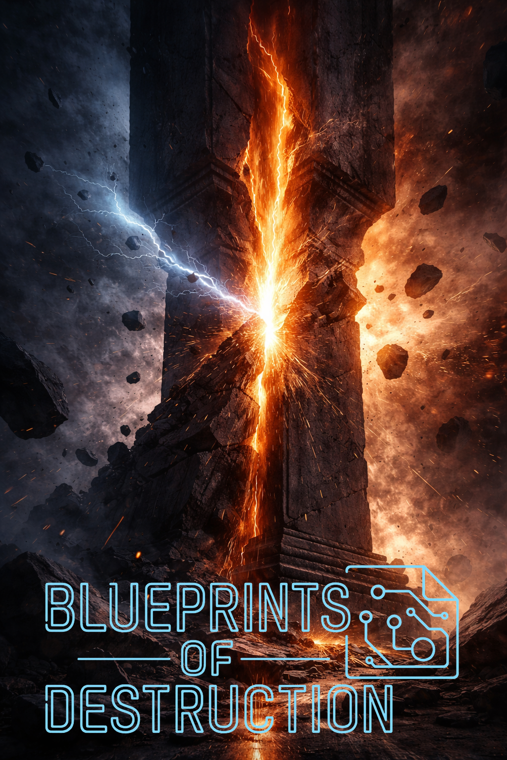 A pillar splitting in half, a bolt of light cutting through the middle. A destabilized system crumbling.