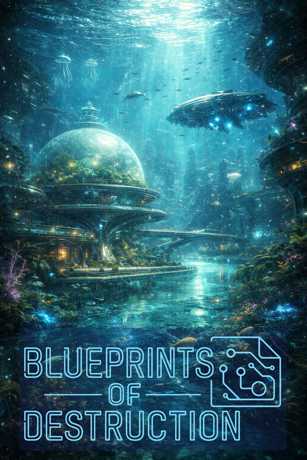 a city below the surface of the water, with structures, aquatic vehicles, and water life