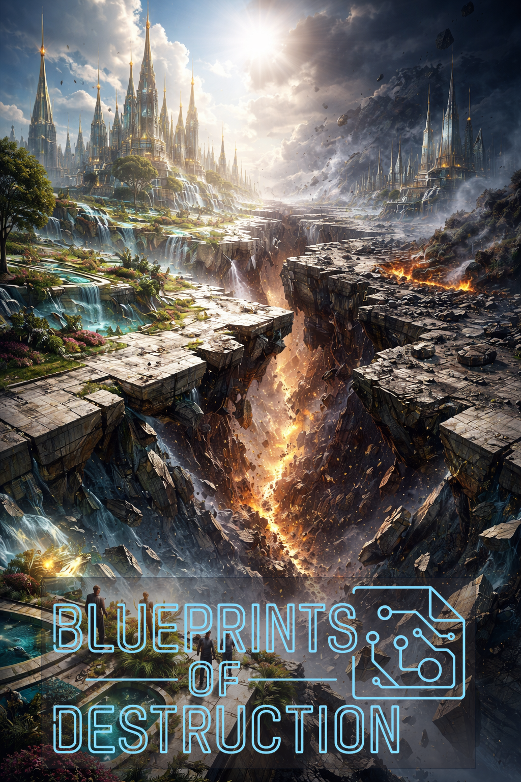 A fracture between two worlds, one side shows the bright hopeful version and the other shows a destroyed alternative reality A fracture between two worlds, one side shows the bright hopeful version and the other shows a destroyed alternative reality