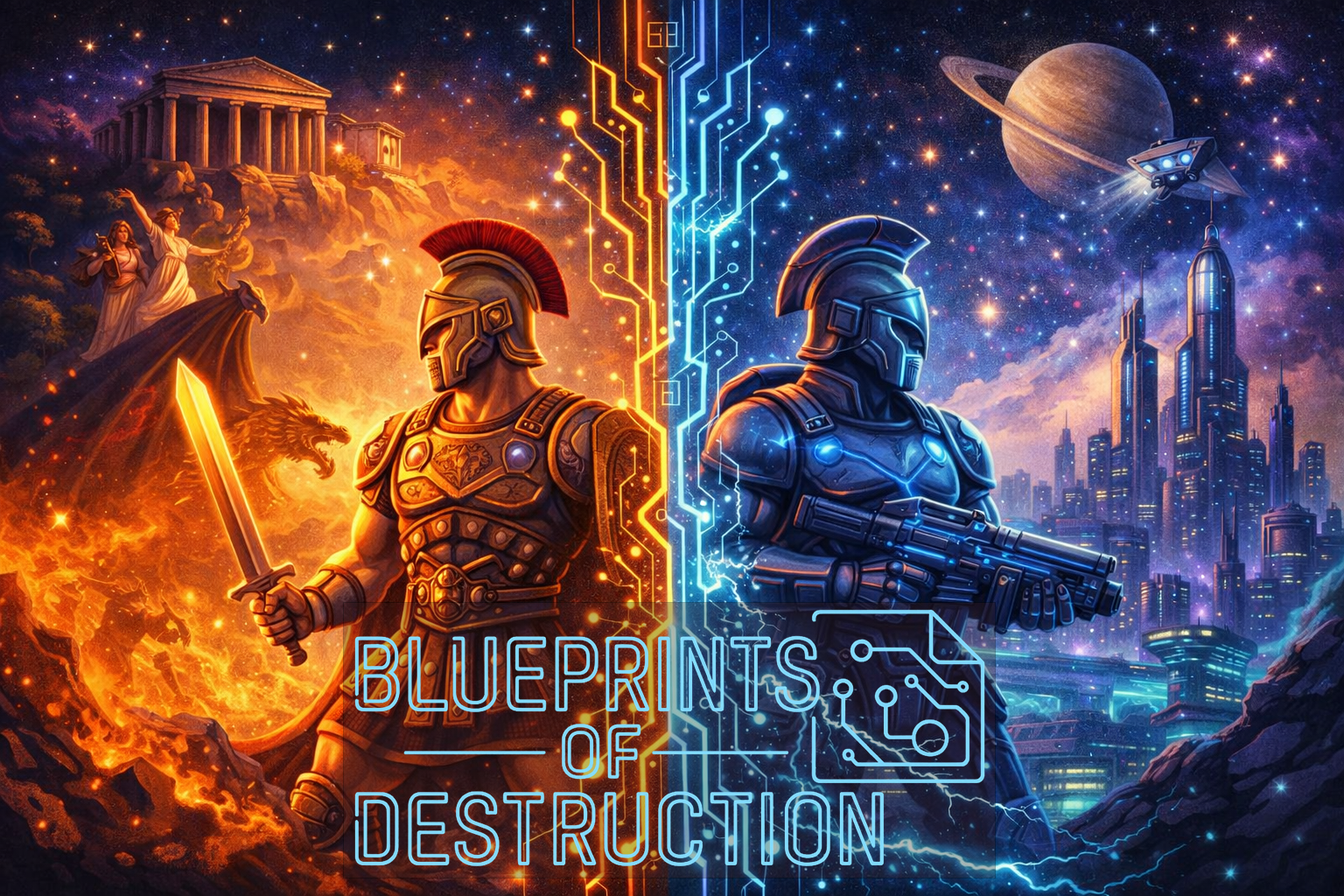 One half of the image shows a gladiator in armor, preparing to battle a dragon. The other side of the image shows the same gladiator in a futuristic version of armor, a high-tech city in the background.