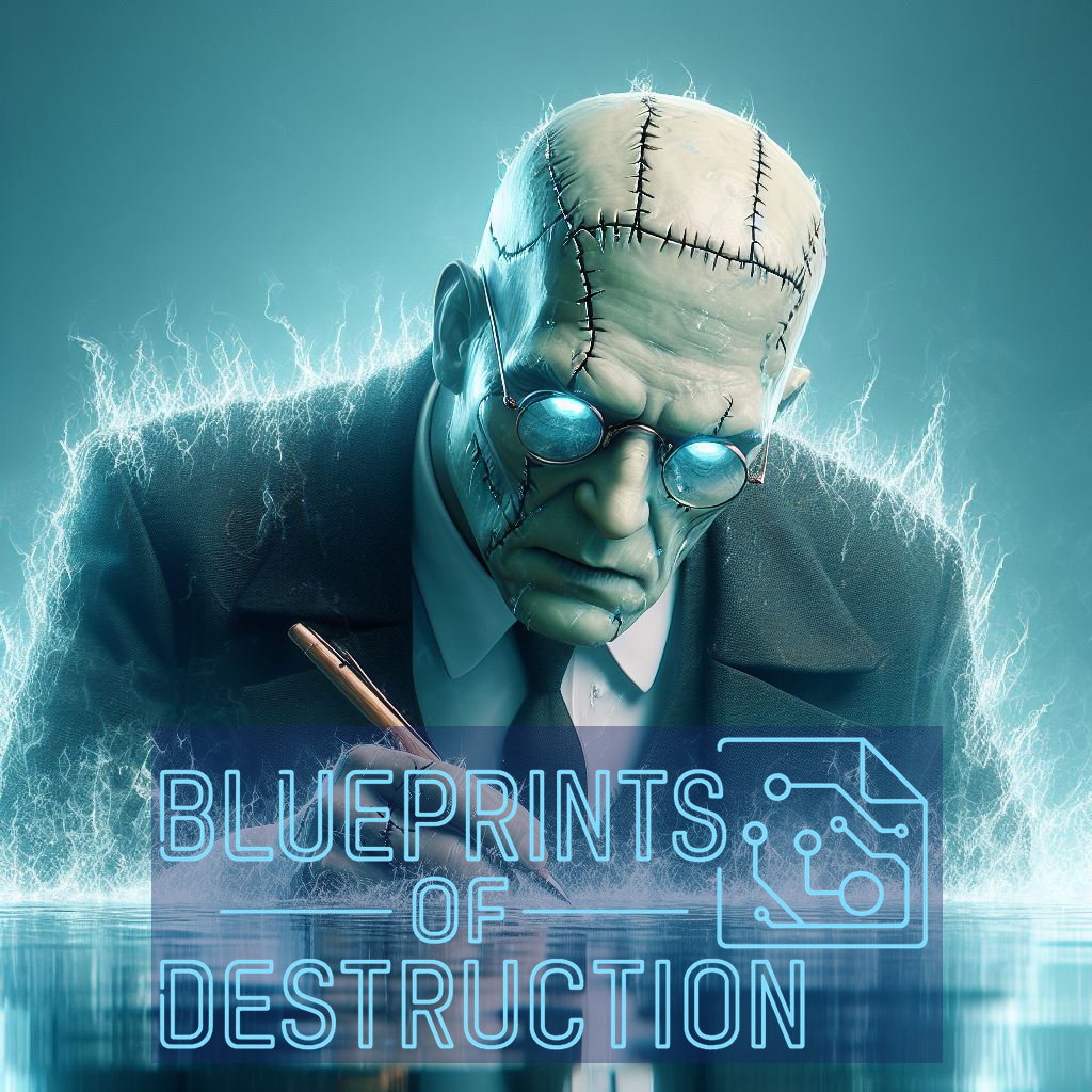 A bald Phranqen with wire-rimmed glasses leans over a holographic pool, pencil in hand.