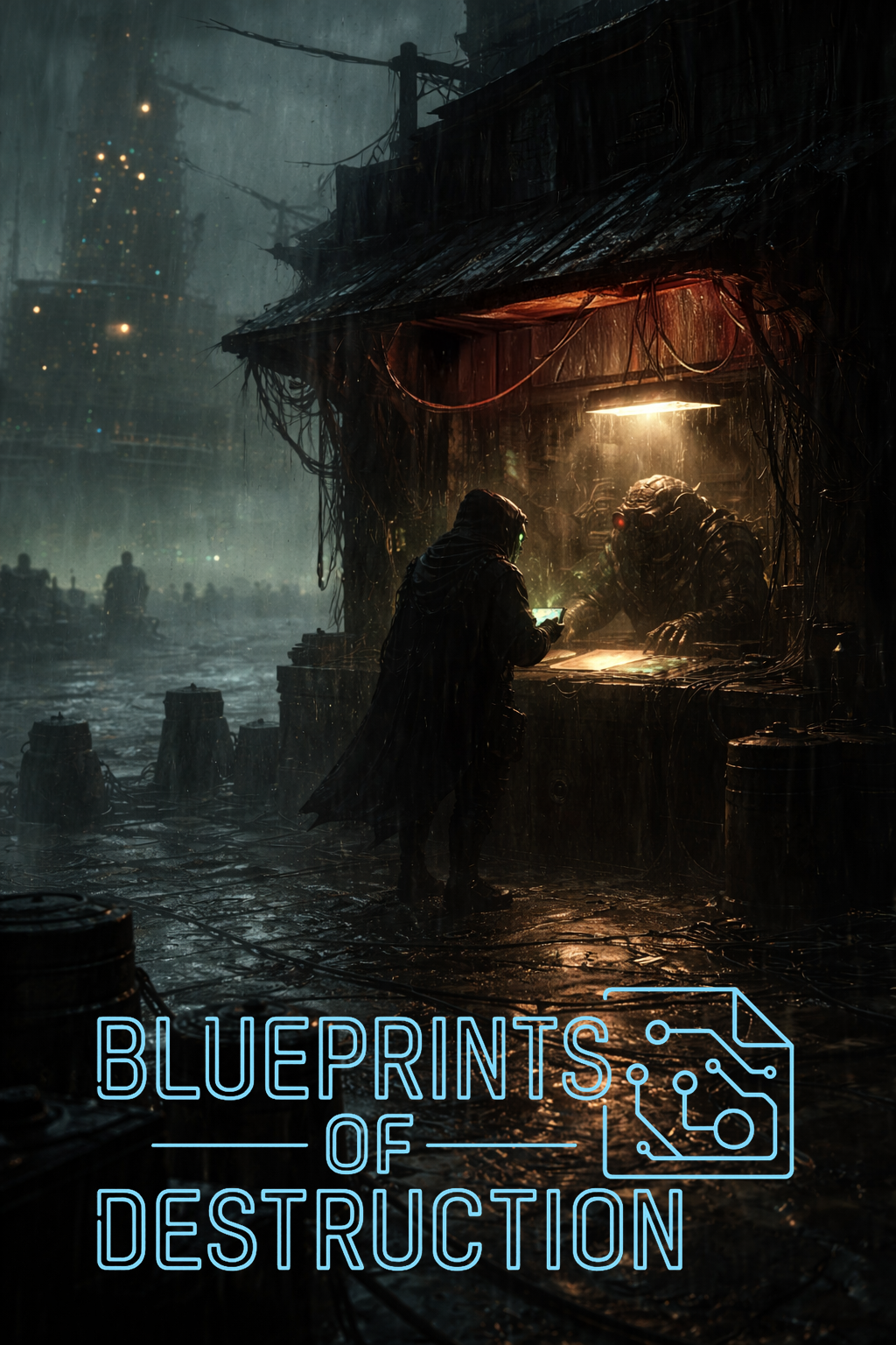 Two shadowy figures make an exchange at the edge of a dock. Fog and Rain cast the background with a gloomy ambiance. Two shadowy figures make an exchange at the edge of a dock. Fog and Rain cast the background with a gloomy ambiance.