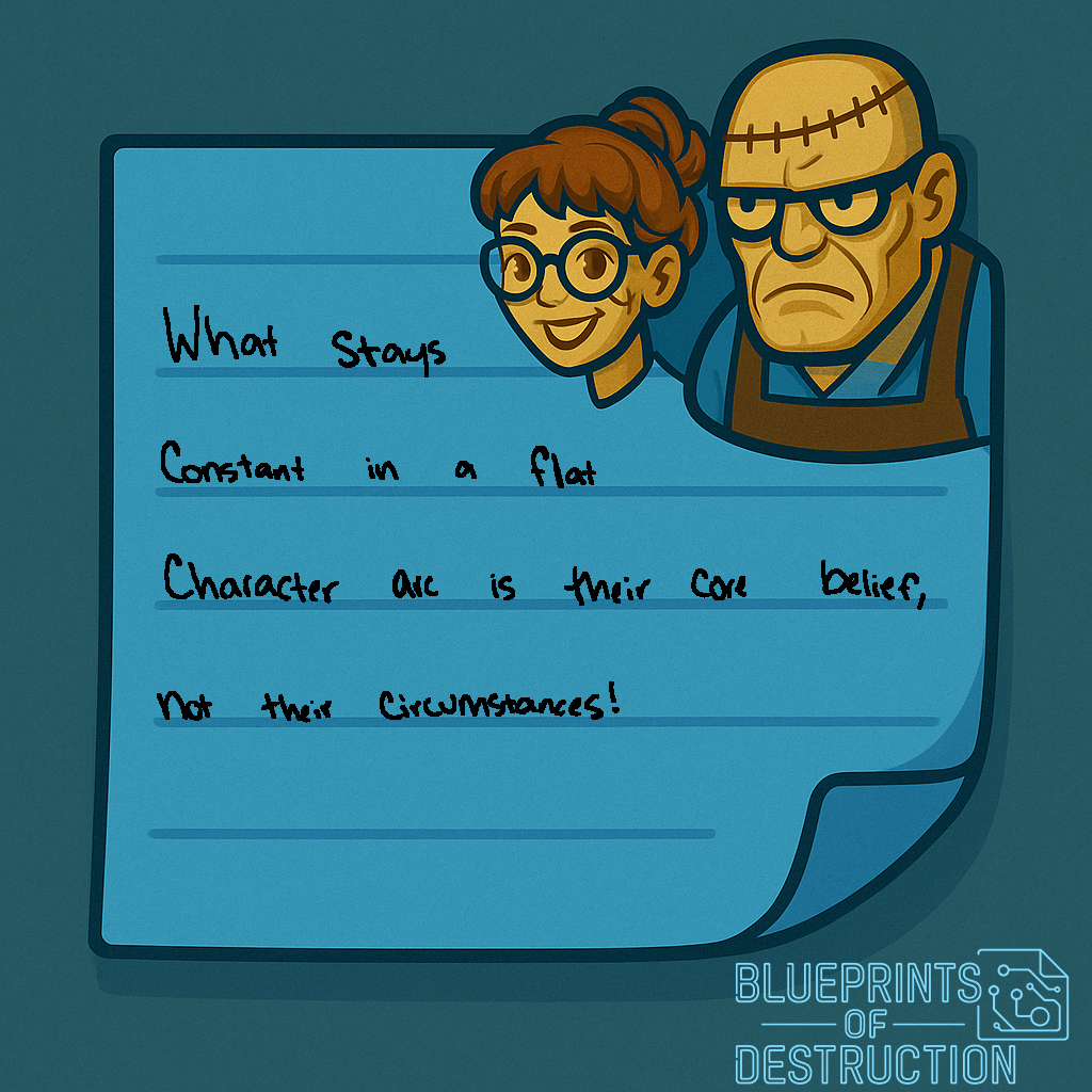 A blue sticky note with Pranqenlu iconography that reads "What stays constant in a flat character arc is their core belief, not their circumstances!"