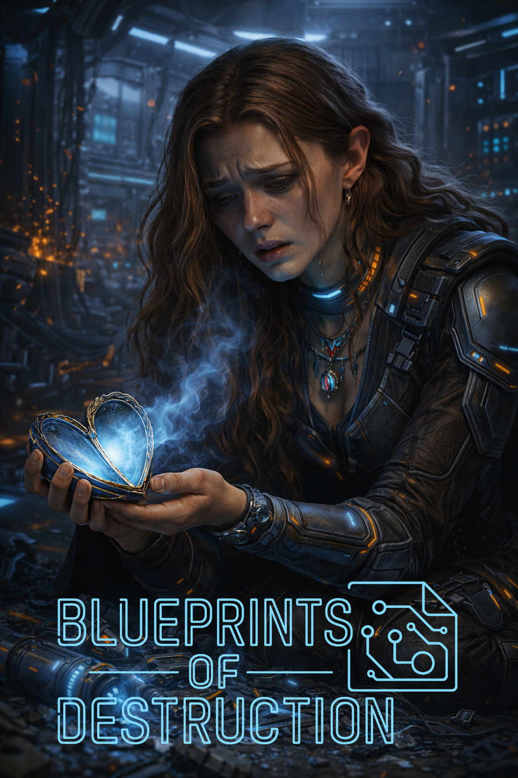 A girl sits in front of a pendant that appears like an open heart, a distressed look on her face