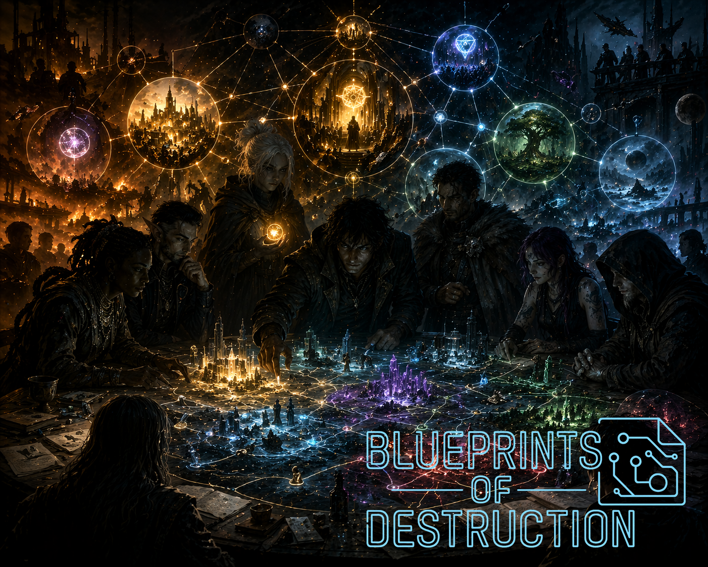 Characters sit around a table, a map before them symbolizing they way they interact with the greater system. 