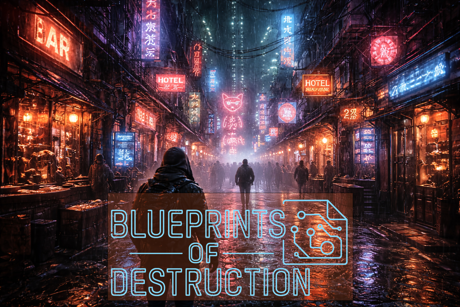 a gritty cityscape choked with neon, people walking in the street a gritty cityscape choked with neon, people walking in the street