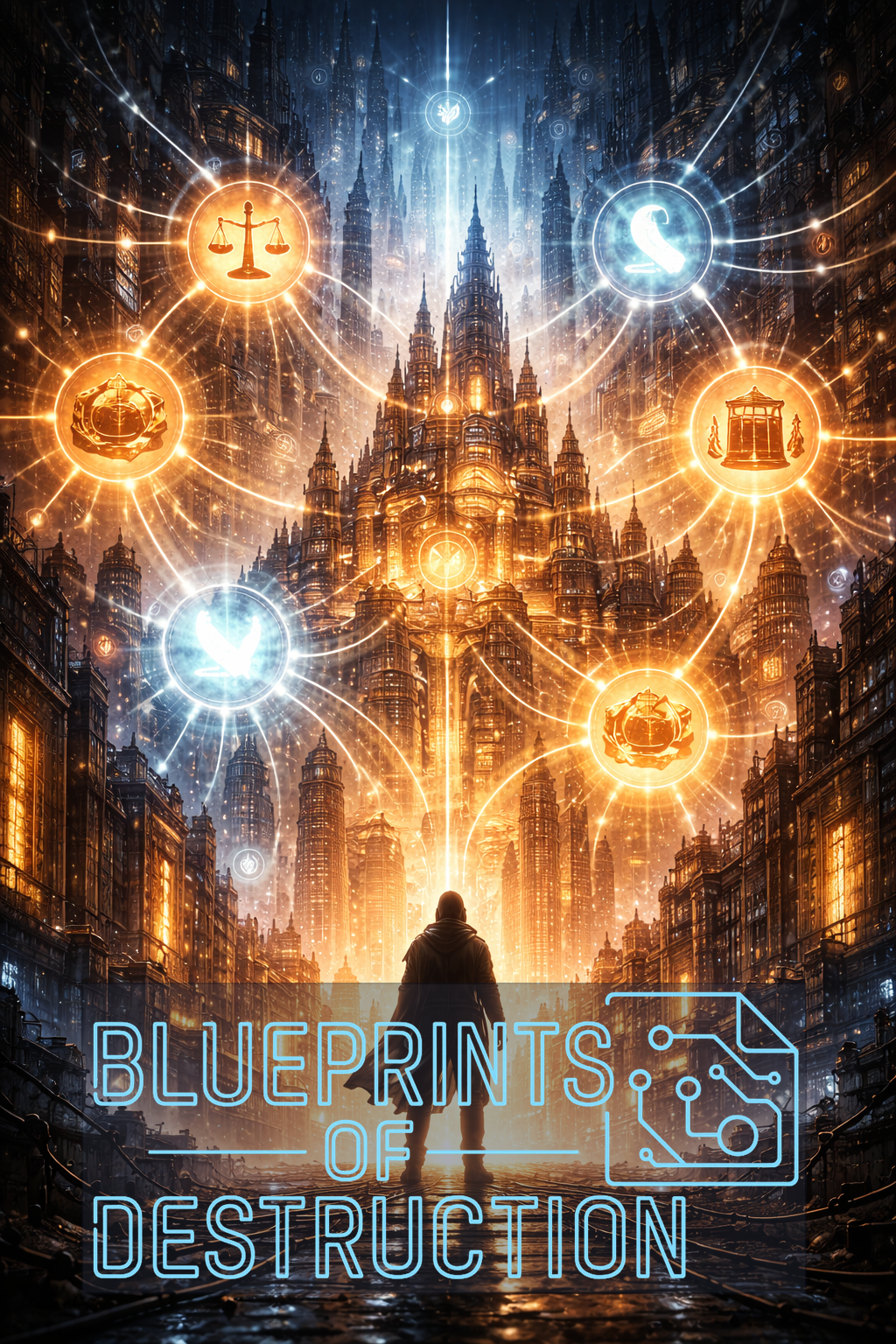 Interconnected systems represented by logos tied together by bright lights above a city.