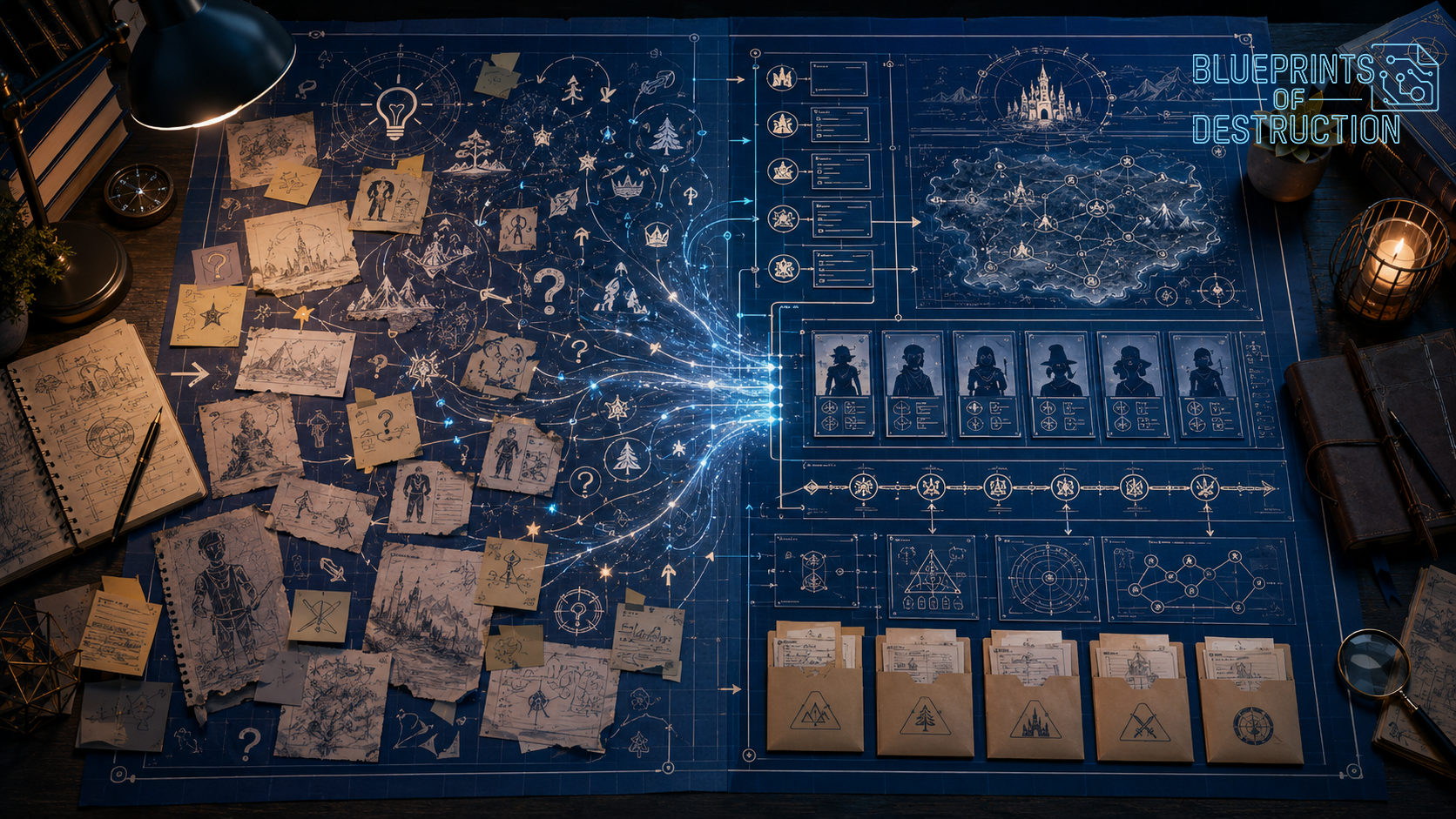 A large blueprint-style map, sprawled across a table. Scraps of paper, representing ideas, flow into a structured map of characters, landscapes, and correlating information. A large blueprint-style map, sprawled across a table. Scraps of paper, representing ideas, flow into a structured map of characters, landscapes, and correlating information.