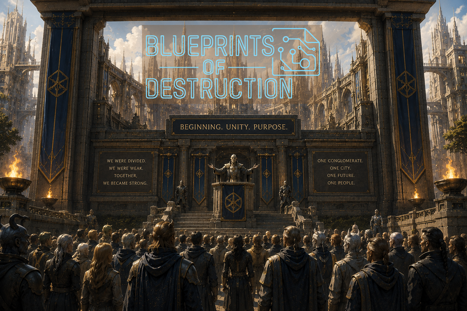 A large crowd gathers around a podium on top of stairs. A leader, flanked by guards addresses the people from an elevated platform chiseled from stone. A large crowd gathers around a podium on top of stairs. A leader, flanked by guards addresses the people from an elevated platform chiseled from stone.