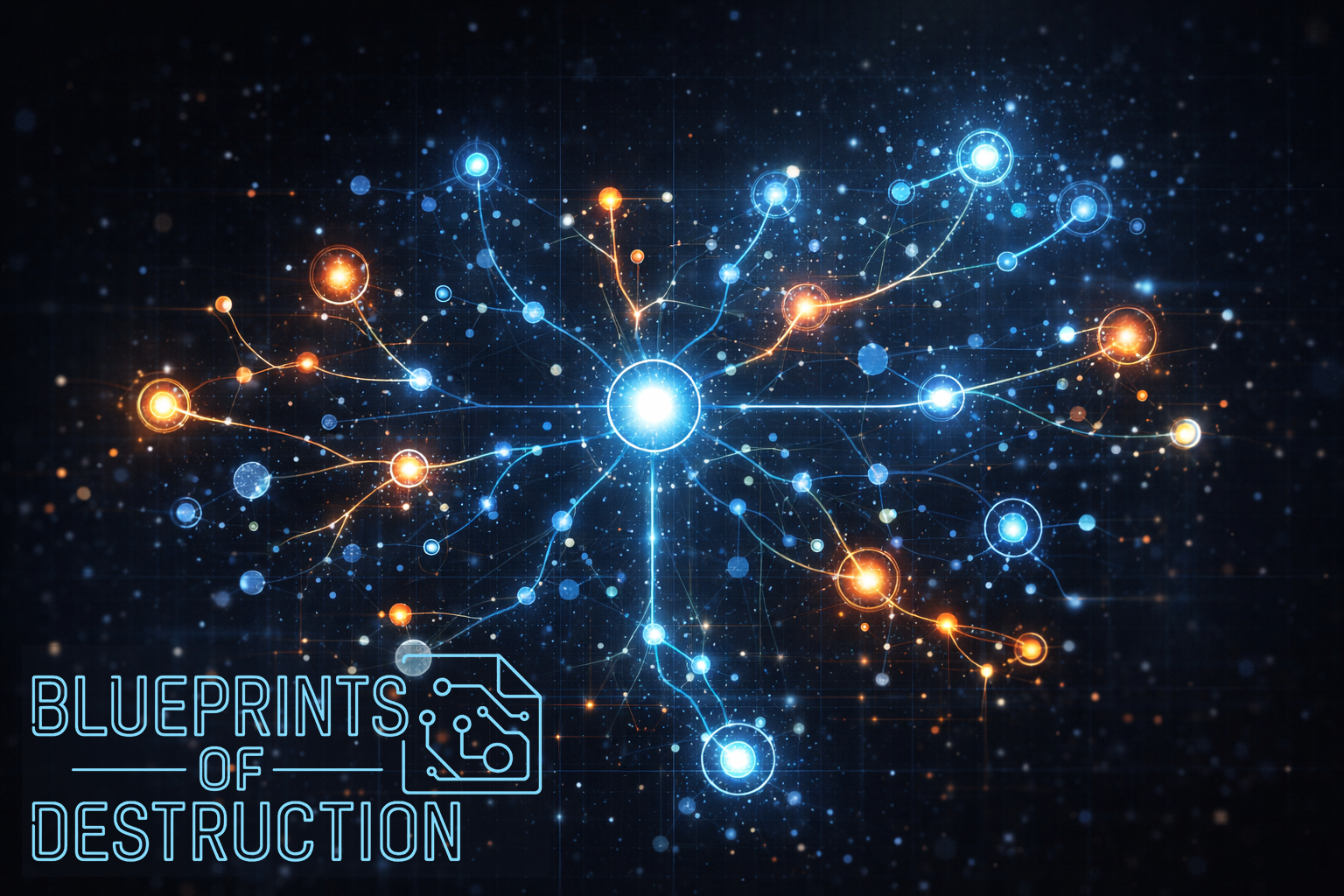 a figurative map of connections and locations in blues and golds