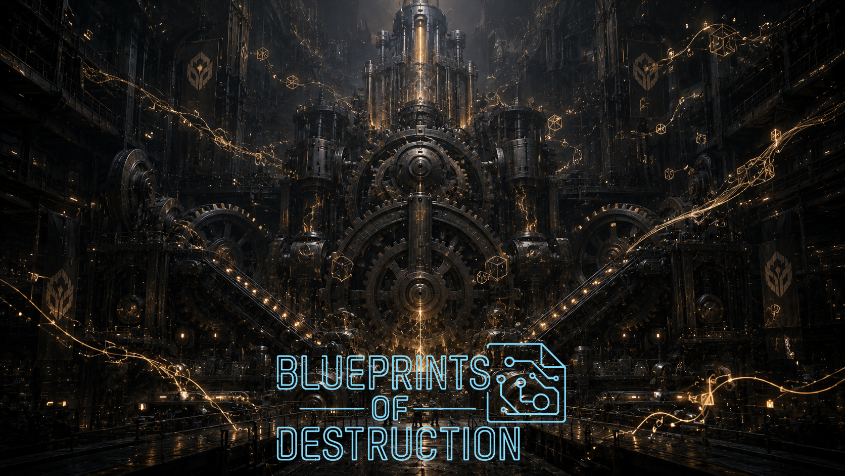 A massive, industrial looking machine, with gold cracks of light running through it occupies a large room. A massive, industrial looking machine, with gold cracks of light running through it occupies a large room.
