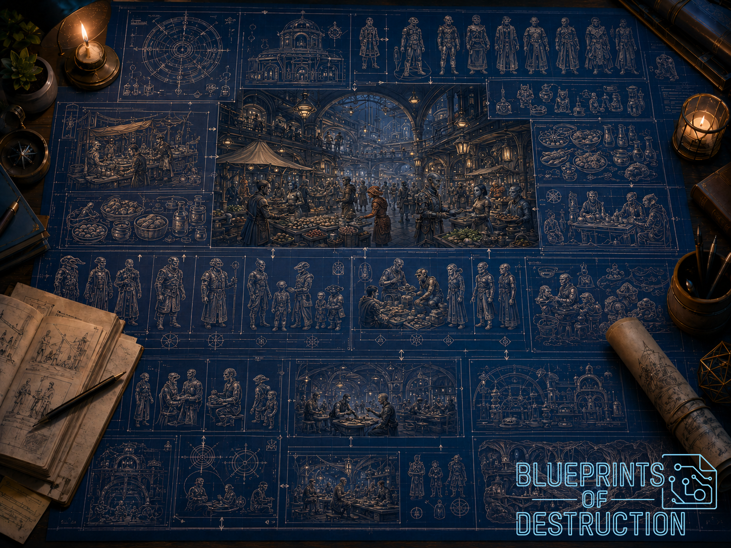 A sketch-style blueprint shows different stages of a market culture A sketch-style blueprint shows different stages of a market culture