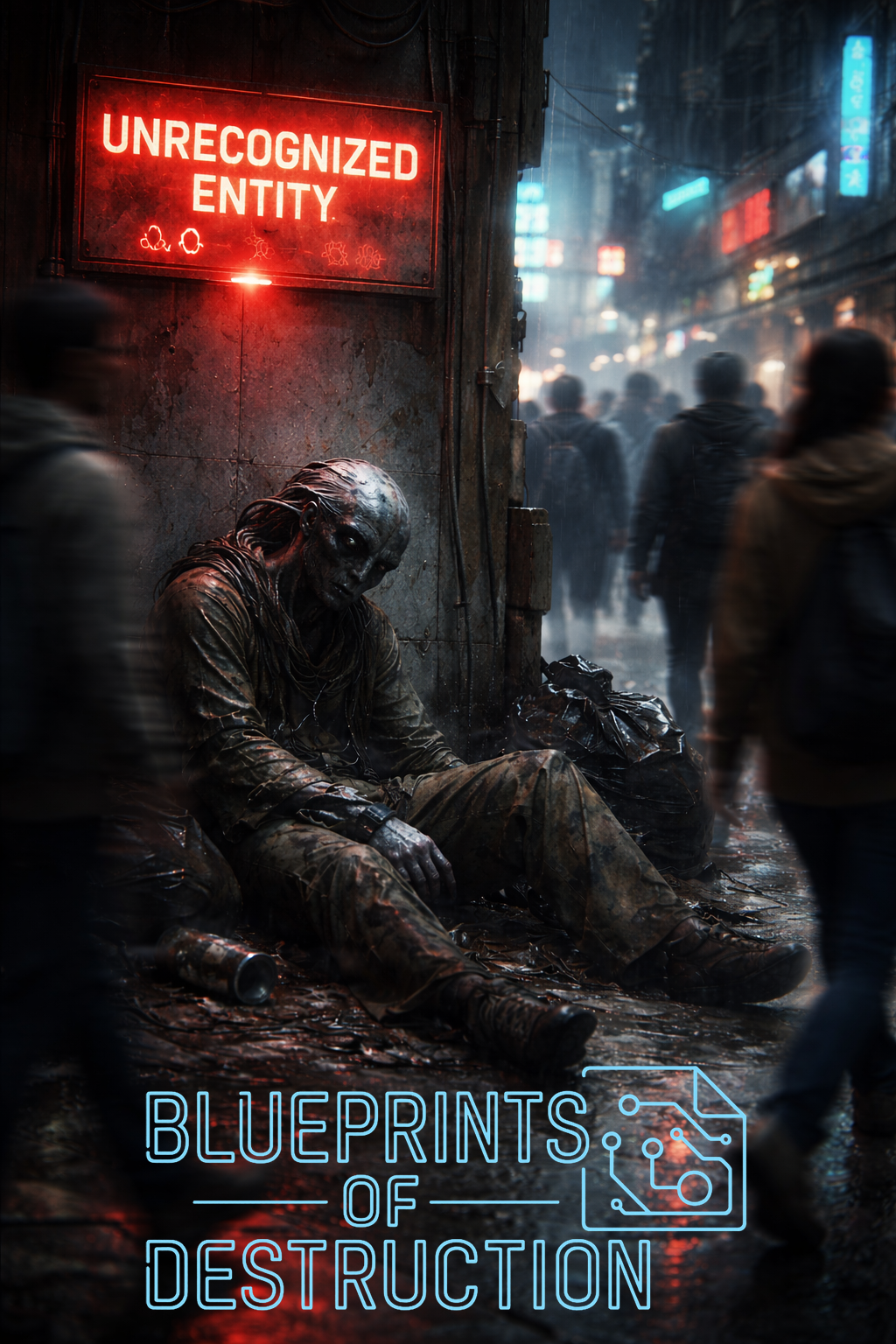 A dejected character leans against a wall, beings pass around him and he goes unnoticed. 