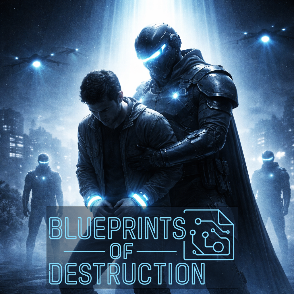 An individual is shown being detained by a Guildsman. Two other Guildsmen stand at the ready in the background.