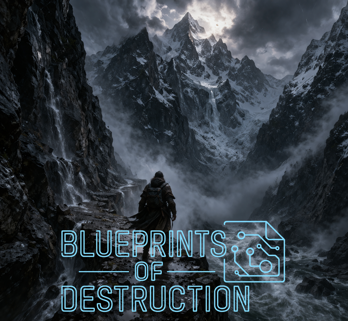 A character stands before treacherous snowy mountains.