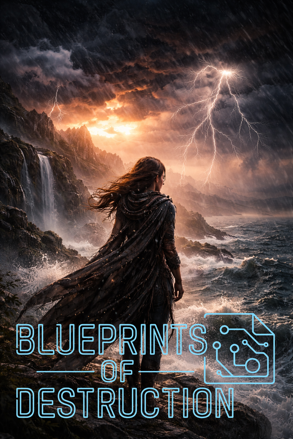 A woman stands before a storming sea, lightning reaching down from the skies, reflecting her internal state