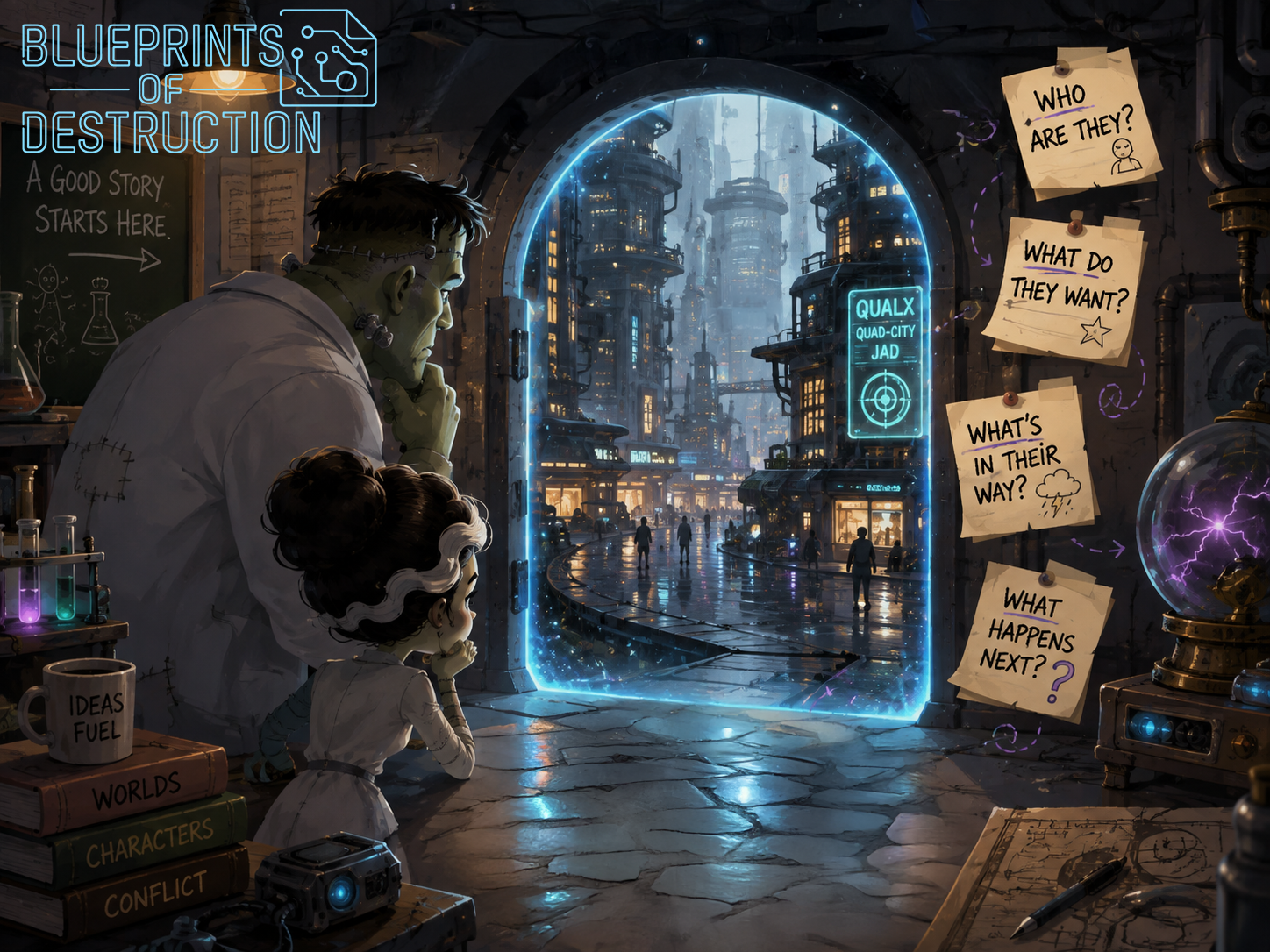 Stylized Frankenstein characters look through a glowing doorway into a rainy futuristic Qualx city, surrounded by story questions that represent the first question hook in an opening scene. Stylized Frankenstein characters look through a glowing doorway into a rainy futuristic Qualx city, surrounded by story questions that represent the first question hook in an opening scene.