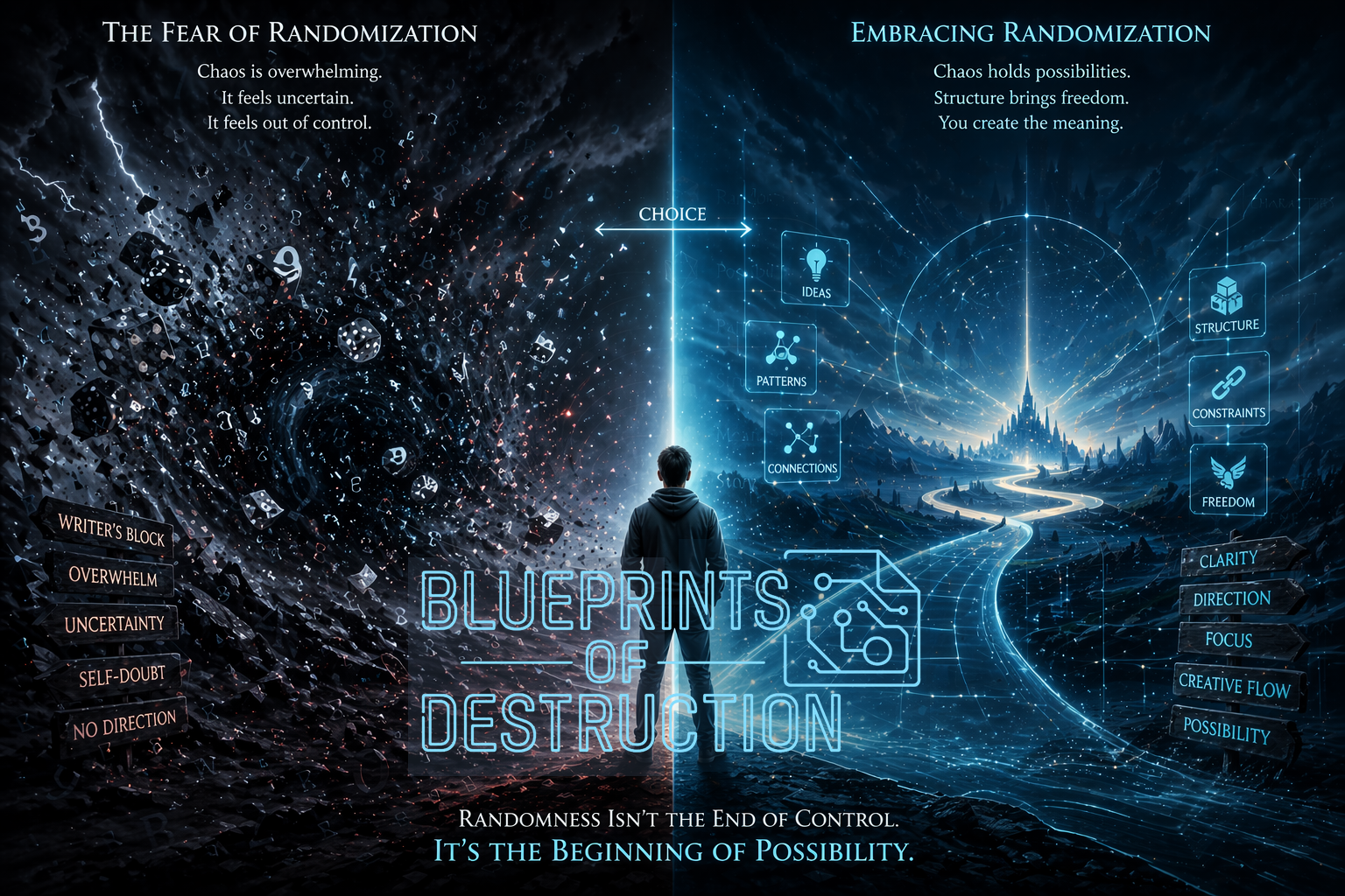 The contrast of random numbers and inputs (represented with dice) and the clarity of using randomization as a structured system to help you. The contrast of random numbers and inputs (represented with dice) and the clarity of using randomization as a structured system to help you.