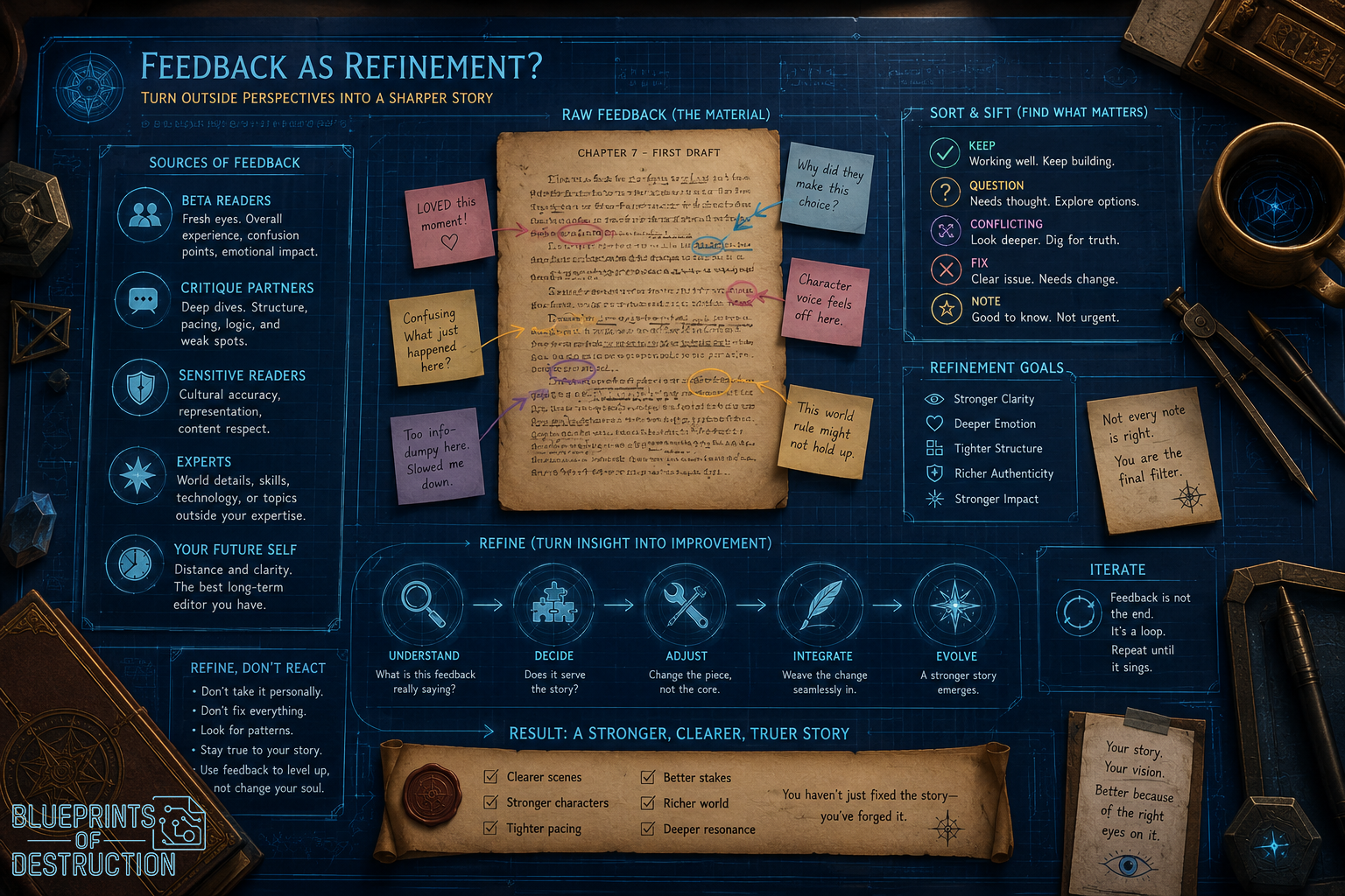 Notes surround a parchment style hand-written document with sticky noes, surrounded by other notes and tools. Notes surround a parchment style hand-written document with sticky noes, surrounded by other notes and tools.