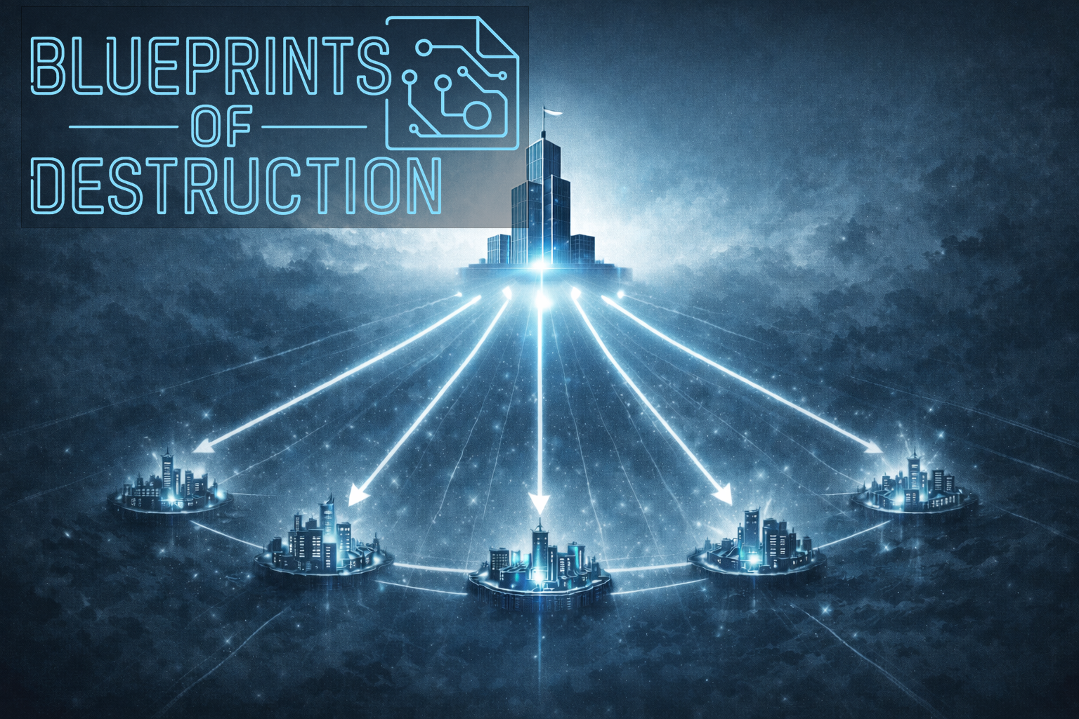 One large structure is connected to smaller structures, signifying how to make a world through power structures.