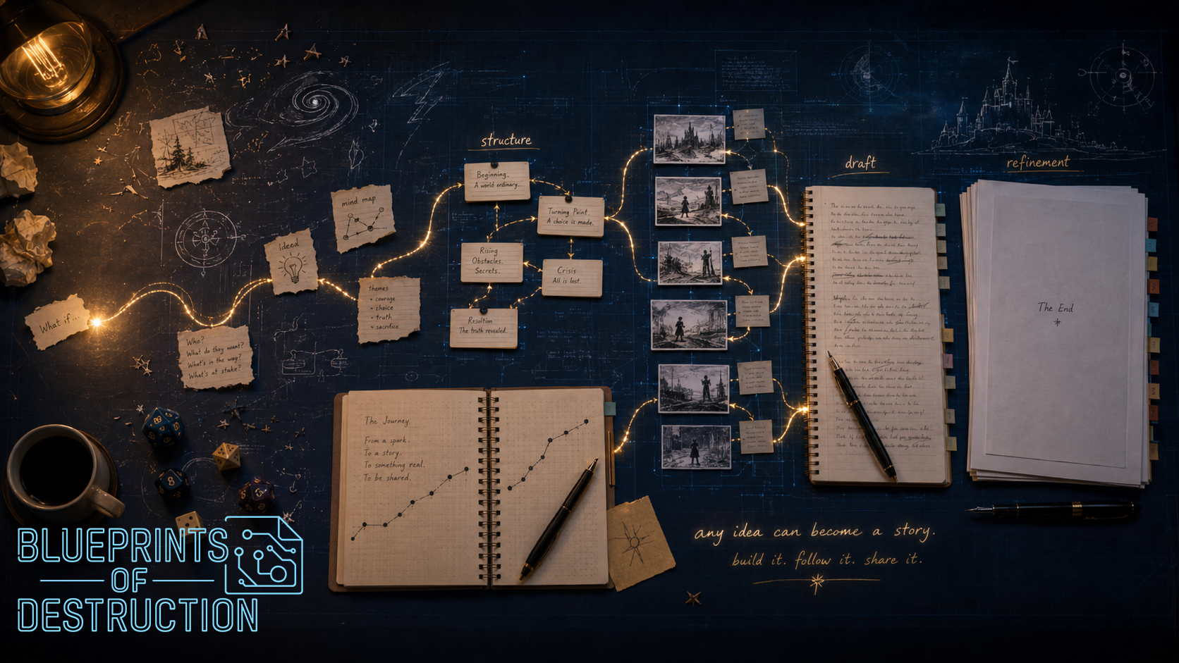 all of the steps from idea to refinement with story cards and notebooks. all of the steps from idea to refinement with story cards and notebooks.
