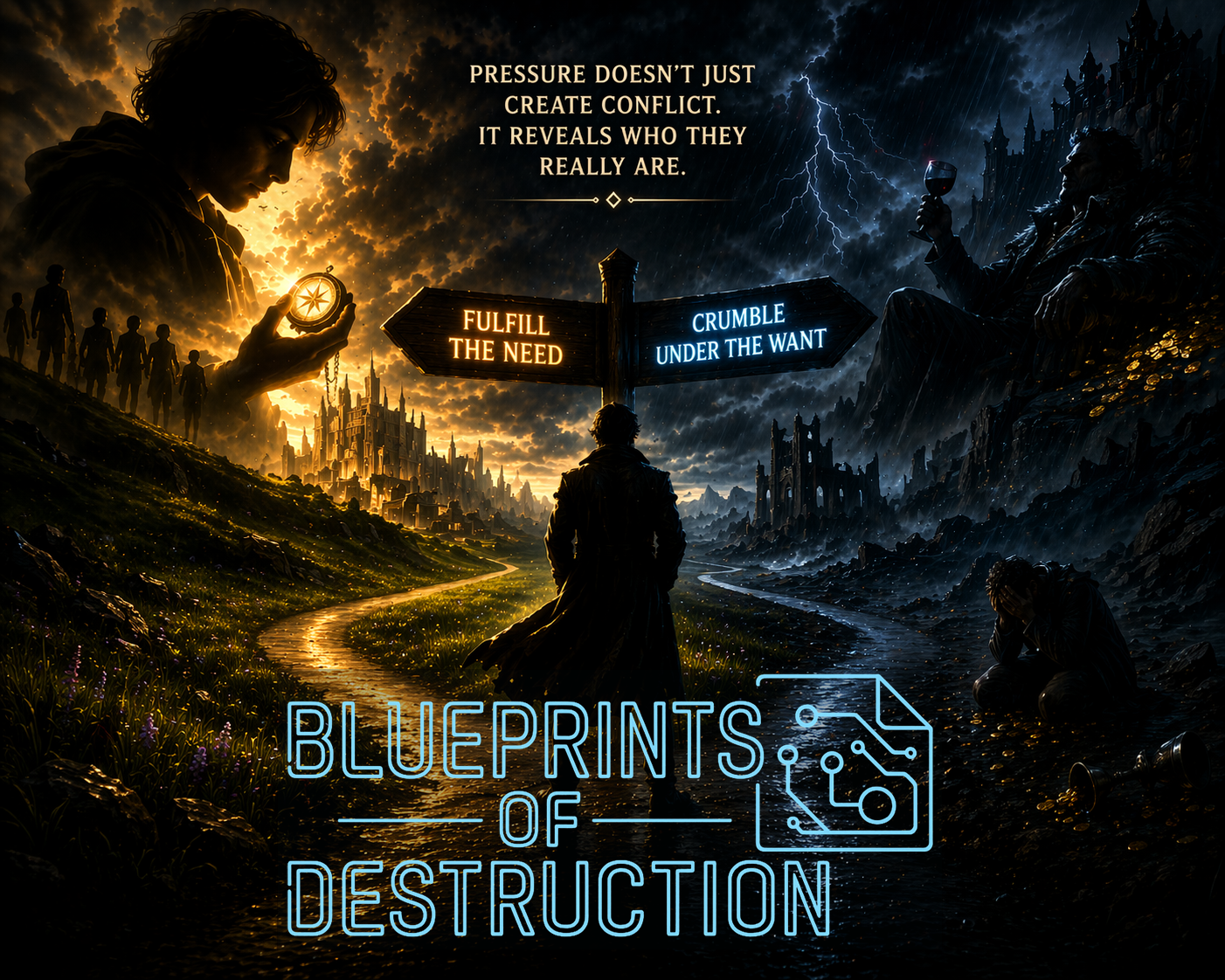 A character at the crossroads of fulfilling the need or crumbling under the want. 