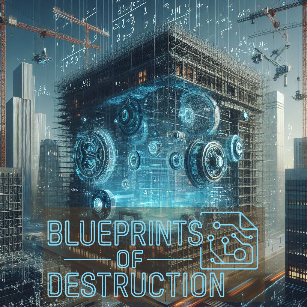 A building made of scaffolding with holographic portals on it. It is surrounded by cranes and semi-transparent equations