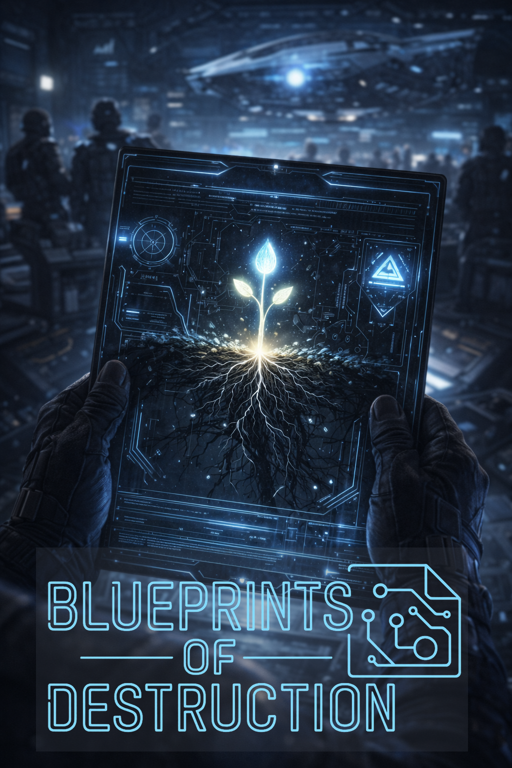 A Guild agent holds a synaplex slate with an abstract readout, showing that anyone can make your own world from even the smallest ideas!