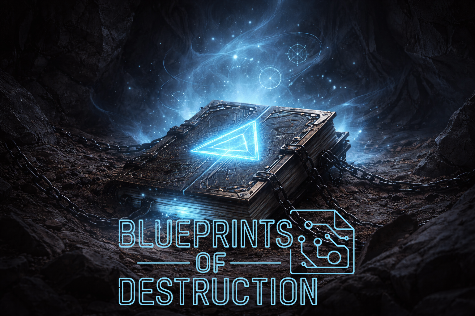 The hidden rulebook of a world rests on the ground, wrapped in chains. An emblem on the cover glows a mysterious blue. The hidden rulebook of a world rests on the ground, wrapped in chains. An emblem on the cover glows a mysterious blue.