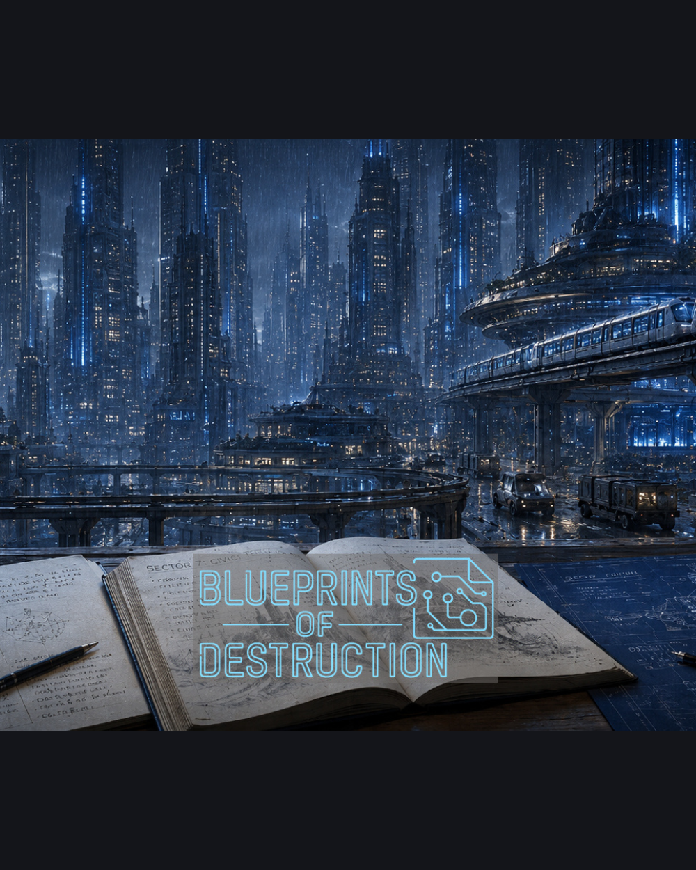 A book lays open on a table in front of a window, with a vast sci-fi city in the background.