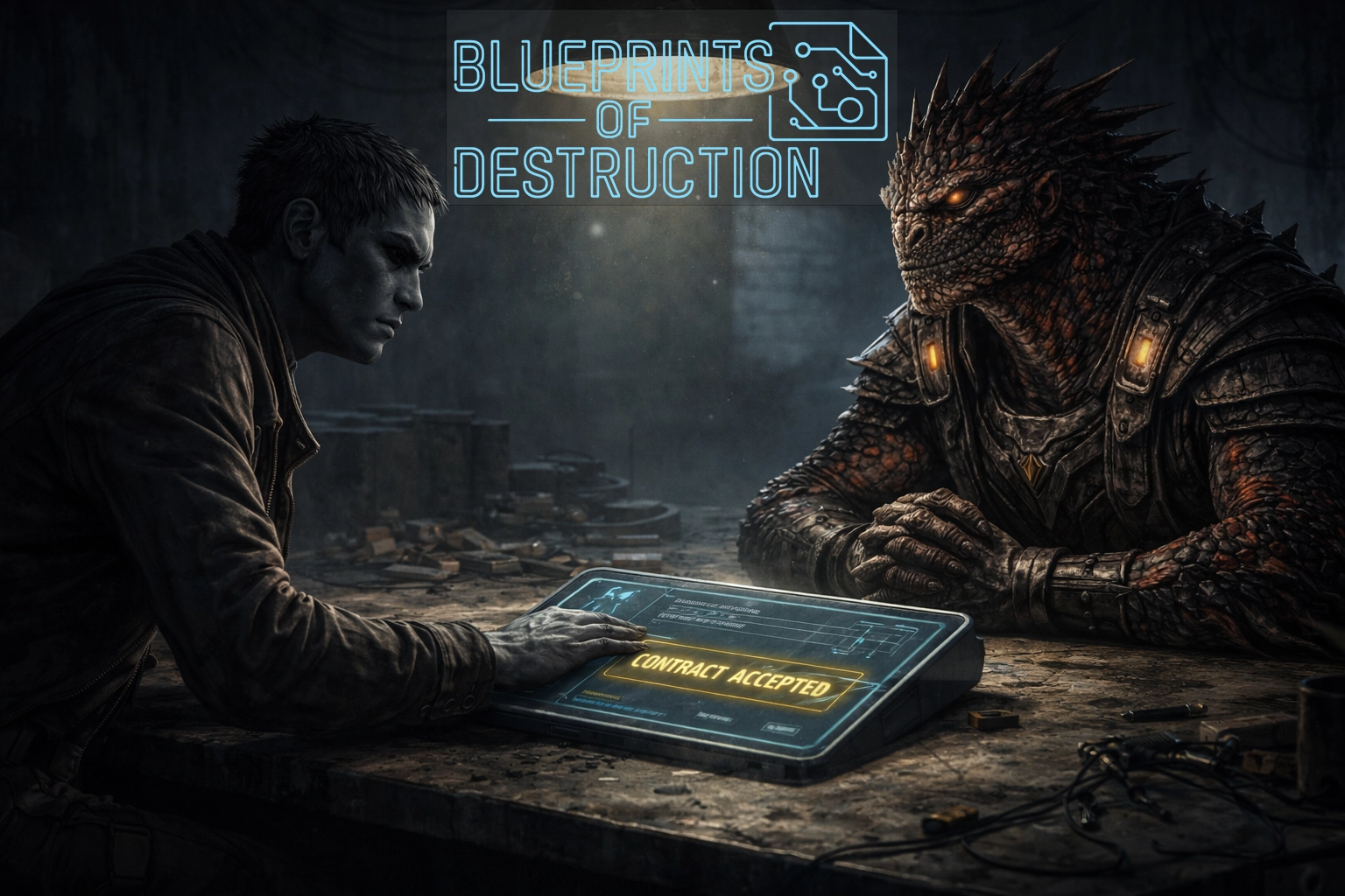 a hulauz on the left hand side of a table meets with a krimtchar on the right hand side in a dim room