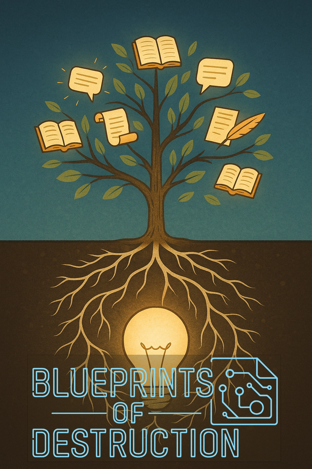 an idea planted underground has ideas and books growing from it