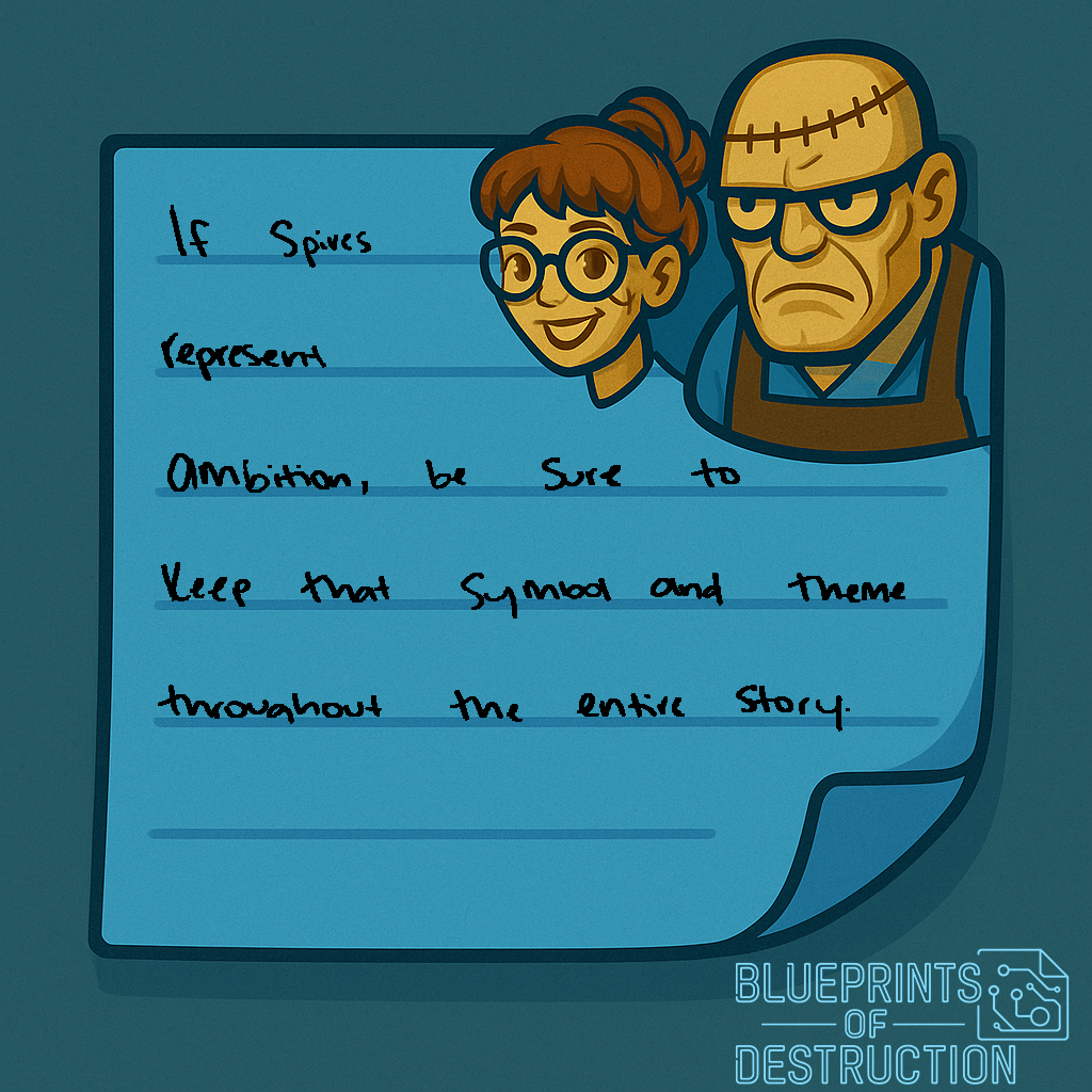 A sticky note with PhranqenLu iconography that reads: "If spires represent ambition, be sure to keep that symbol and theme throughout the entire story."