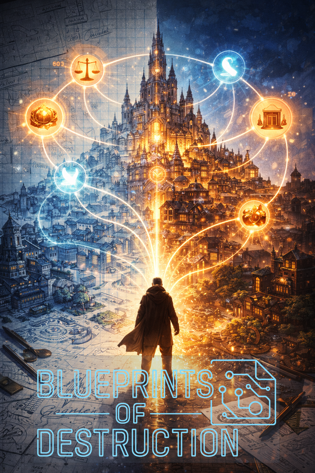 A being stands with symbols representing different spheres of power interconnected with each other.