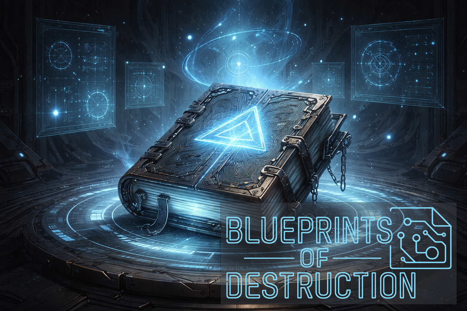 A closed and locked thick book rests at an angle with digital futuristic readouts in the background