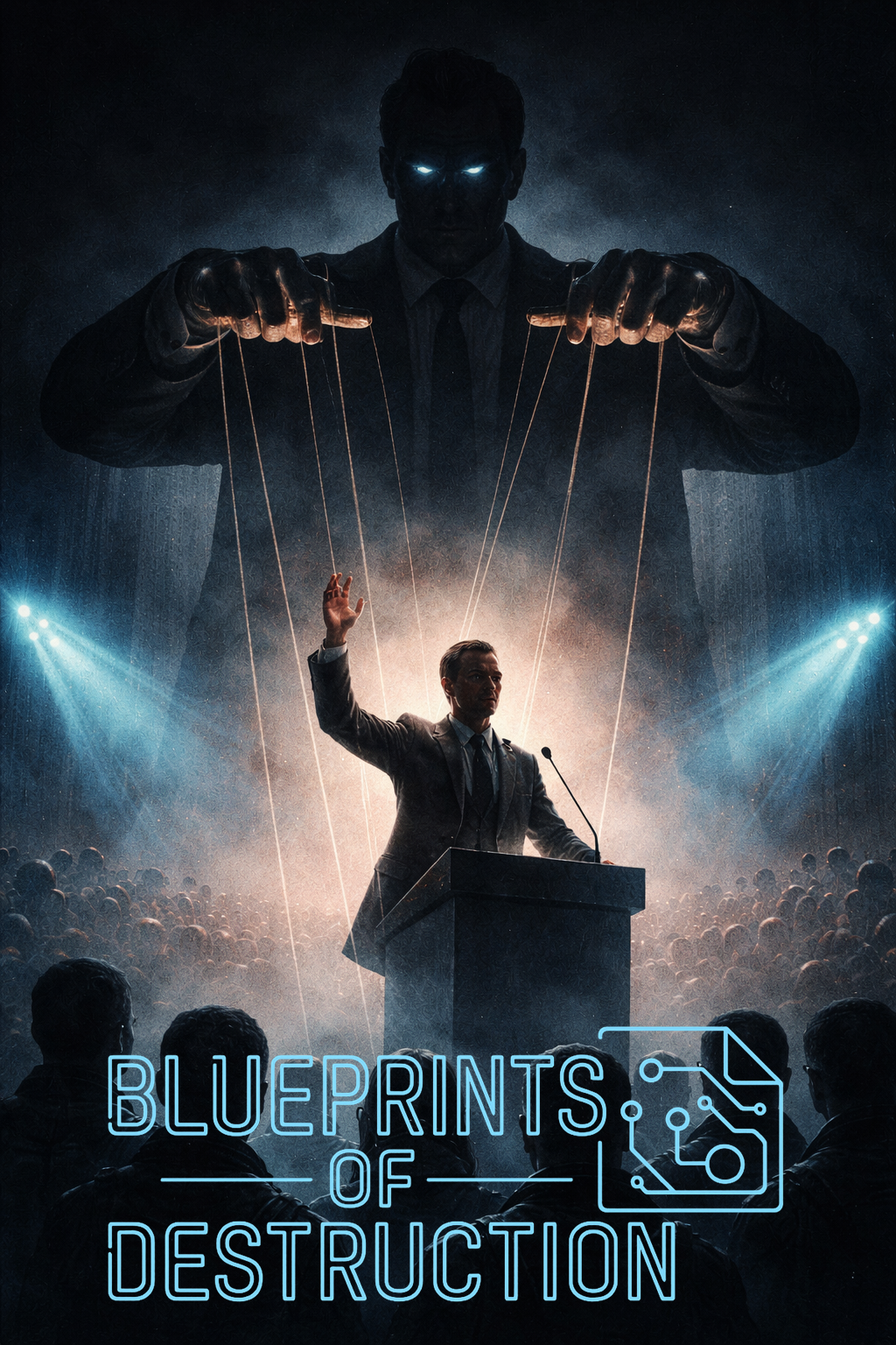 A man stands at a podium, a shadowy figure behind him pulling the strings