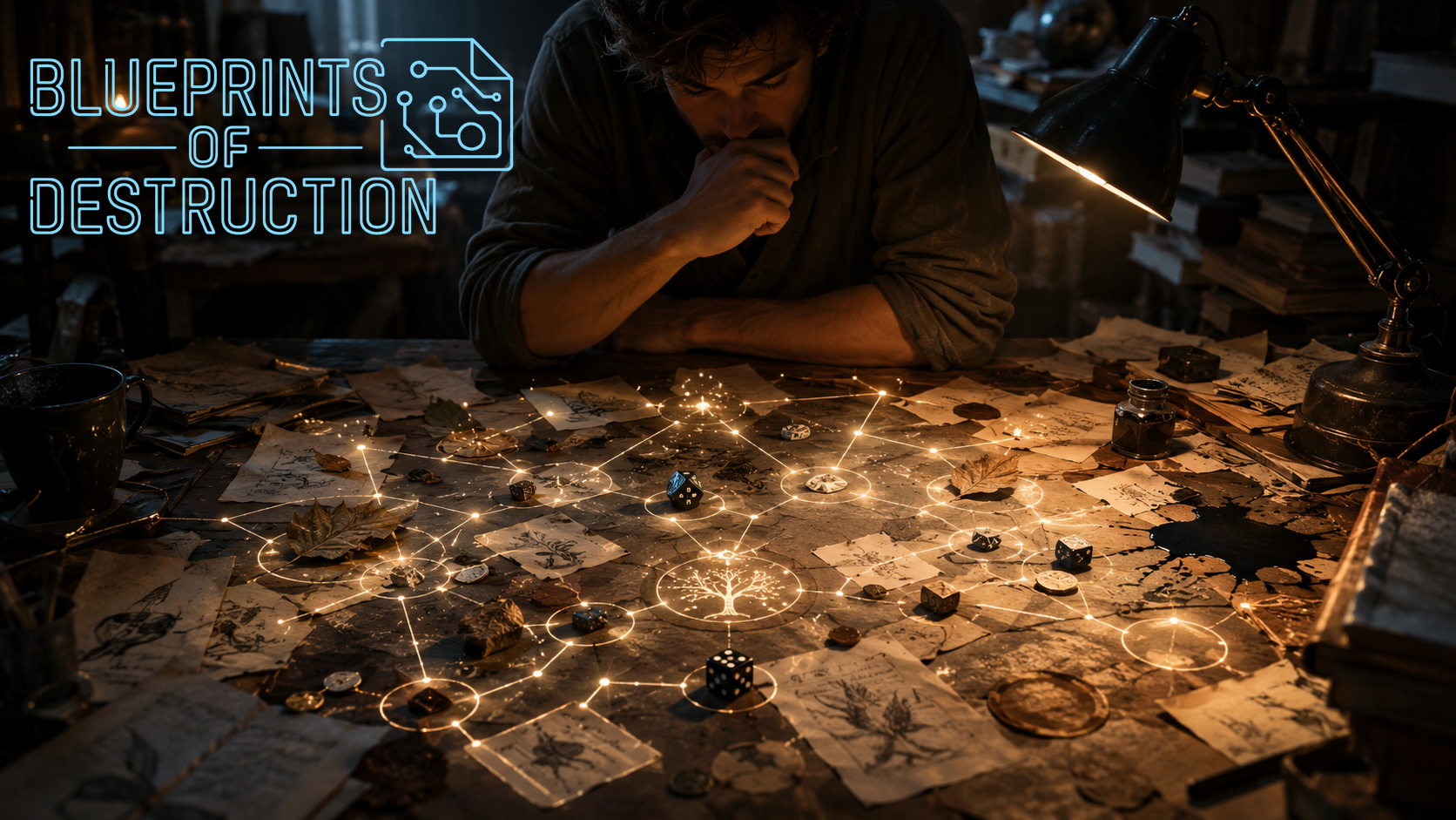 A man sits, studying a table. The table has maps, dice, an papers spread across it. A man sits, studying a table. The table has maps, dice, an papers spread across it.