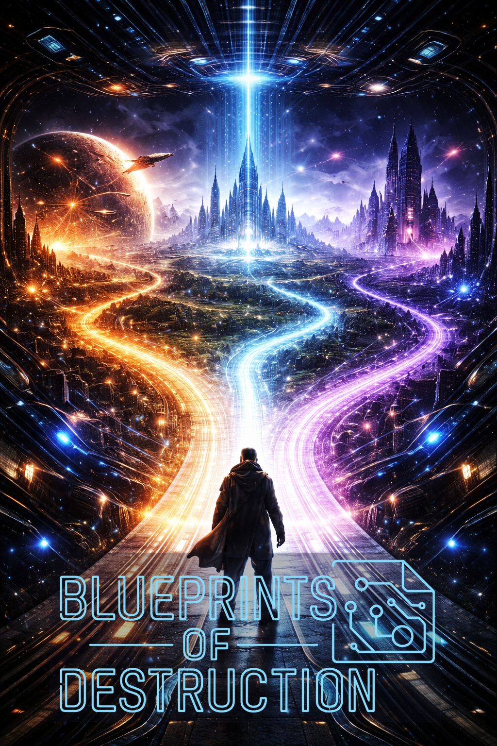 Multiple paths lead away from a character, represented by light. The background of the image has iconography of spaceships and planets. Multiple paths lead away from a character, represented by light. The background of the image has iconography of spaceships and planets.