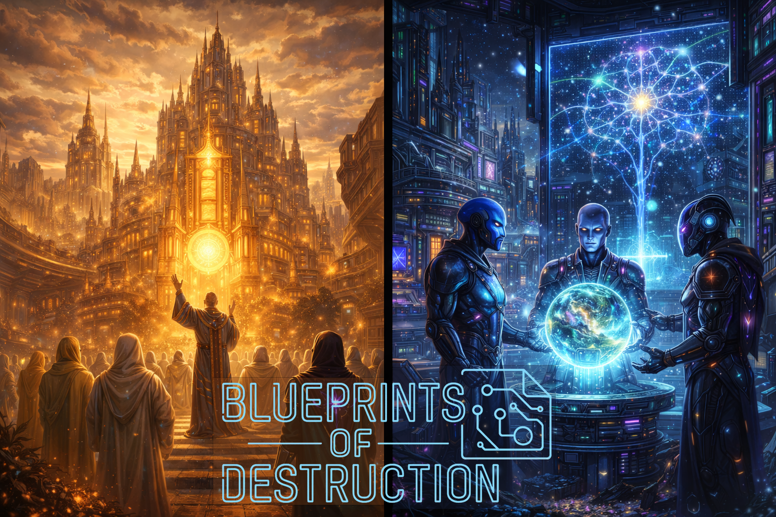 The left hand of the image shows a single ruler, the right hand of the image shows individuals interacting in mediation.