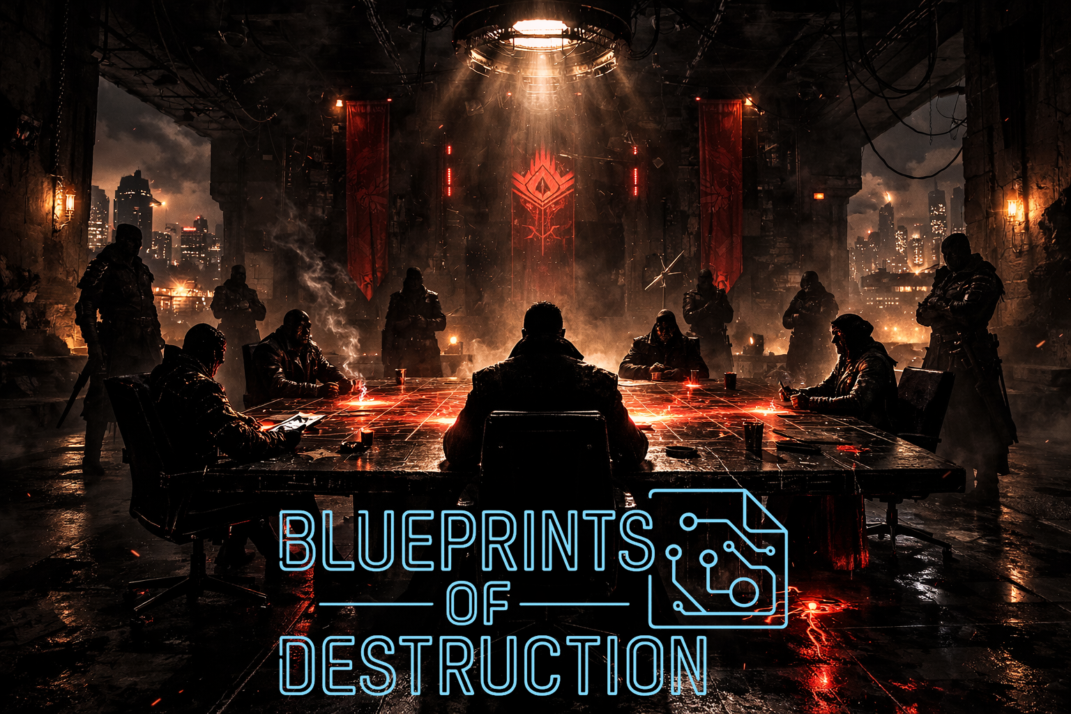 A red smoky room has a large table with shadowy figures around it, framed by the skyline of the city behind them.